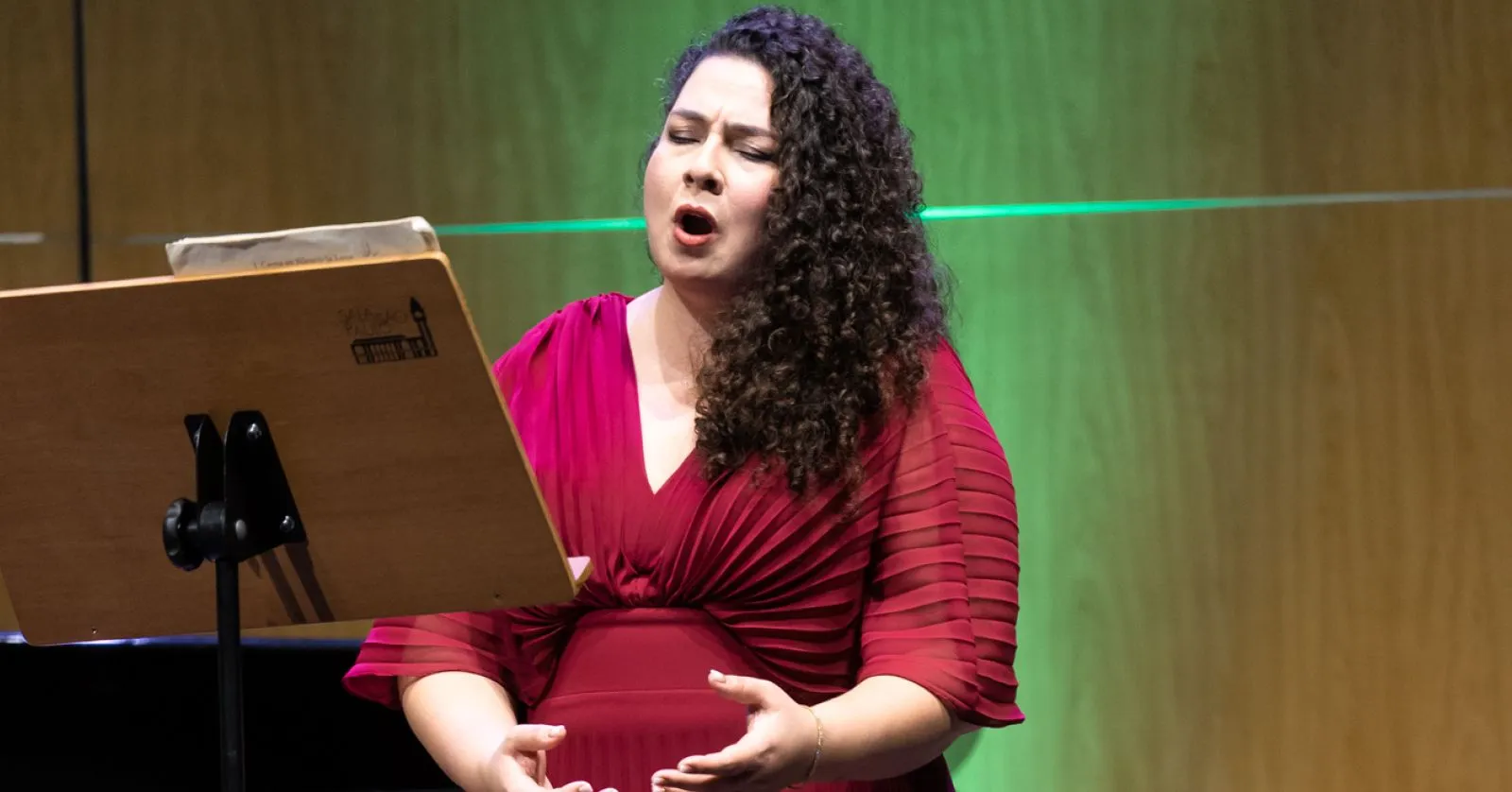 A imagem mostra uma mulher de vestido rosa cantando.