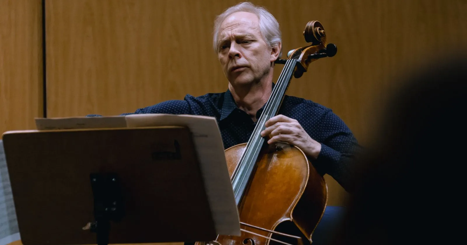 A imagem mostra um homem tocando violoncelo.