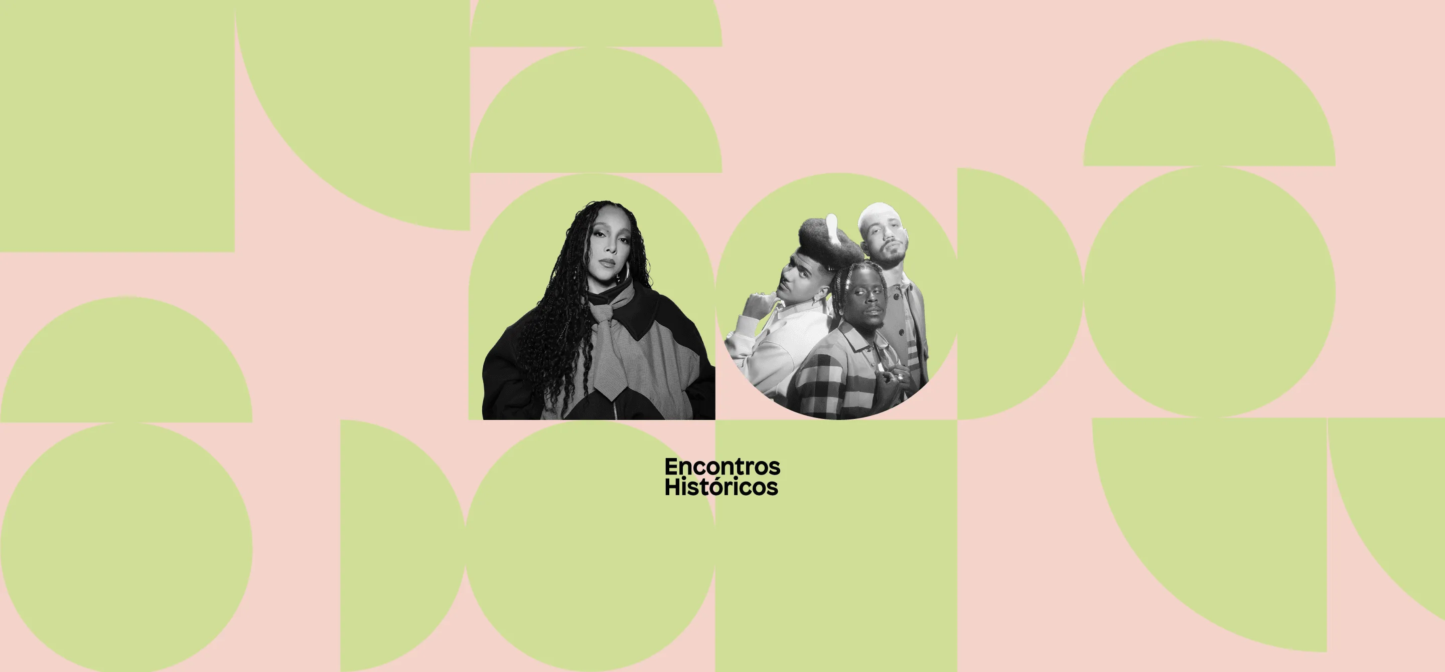Imagem de divulgação com fotos de Negra Li e Os Garotin. Formas geométricas verdes em fundo rosa.