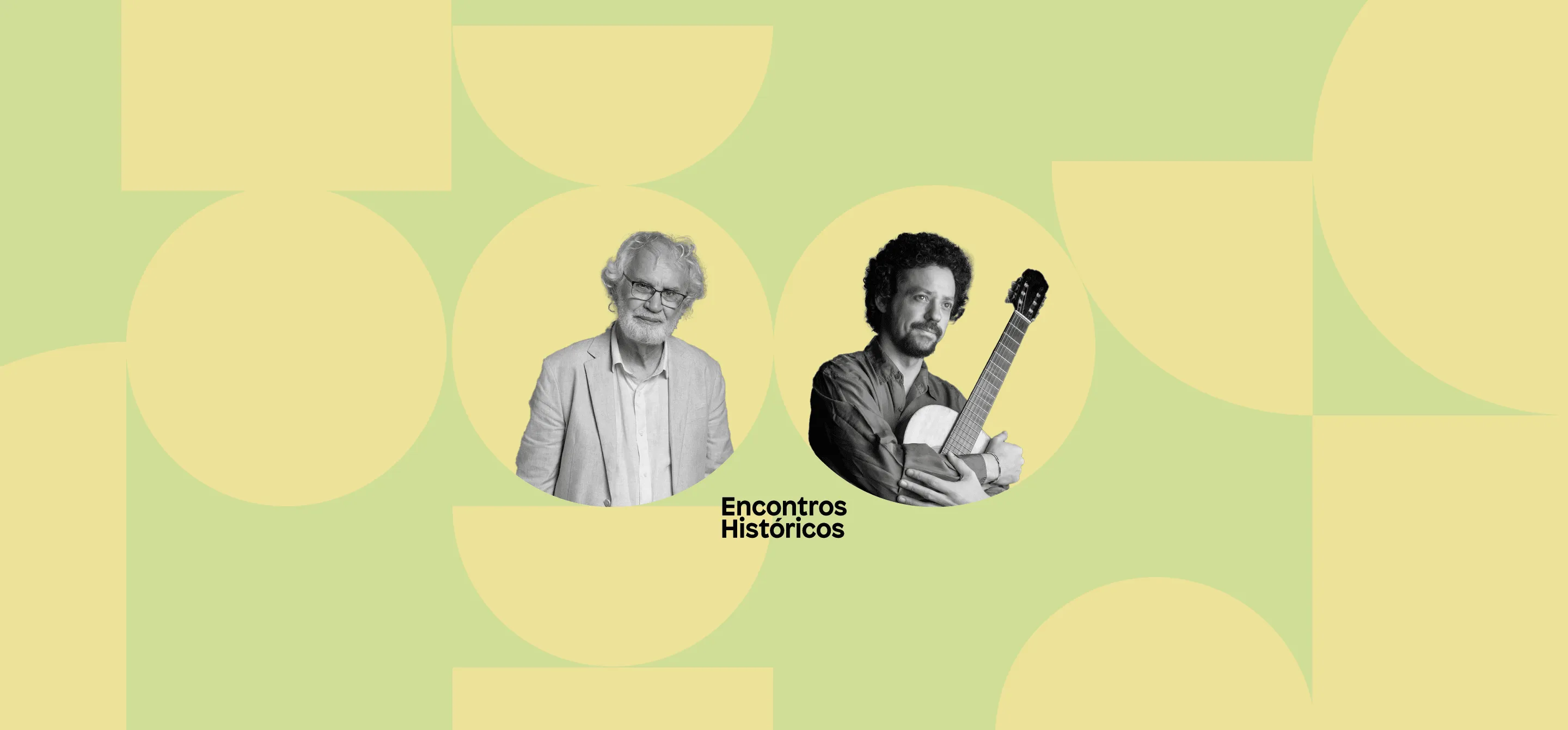 Imagem de divulgação com fotos de Renato e Chico Teixeira. Formas geométricas amarelas em fundo verde.