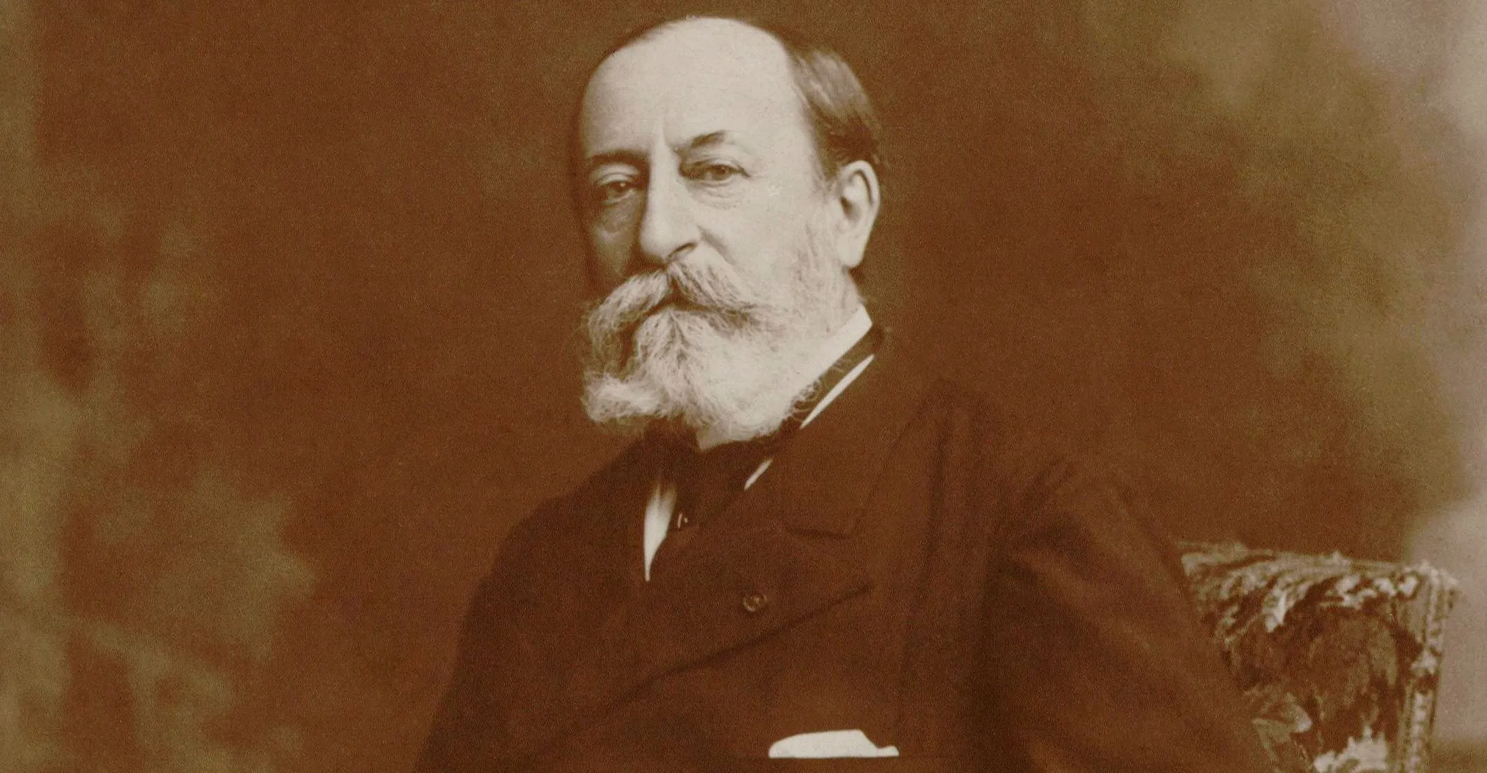 Foto de Camille Saint-Saëns, homem adulto, branco, de barbas e bigode compridos e brancos.