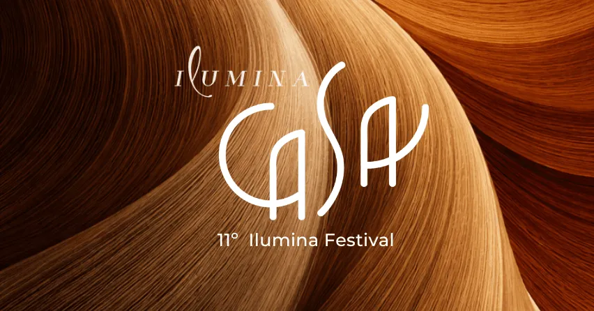 Linhas curvas em tons de laranja. Sobre elas, o texto "Ilumina. Casa. 11