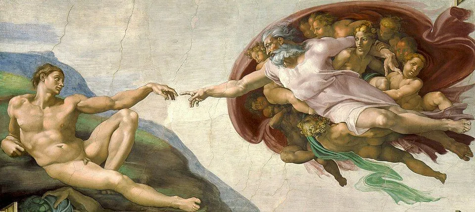 A imagem mostra o afresco A Criação de Adão, de Michelangelo.