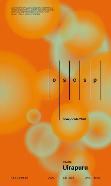 Capa da Revista Uirapuru Ano 1 — nº 15, com elementos gráficos arredondados na cor laranja e verde aplicados sobre um fundo azul laranja. O logo da Osesp se sobressai.