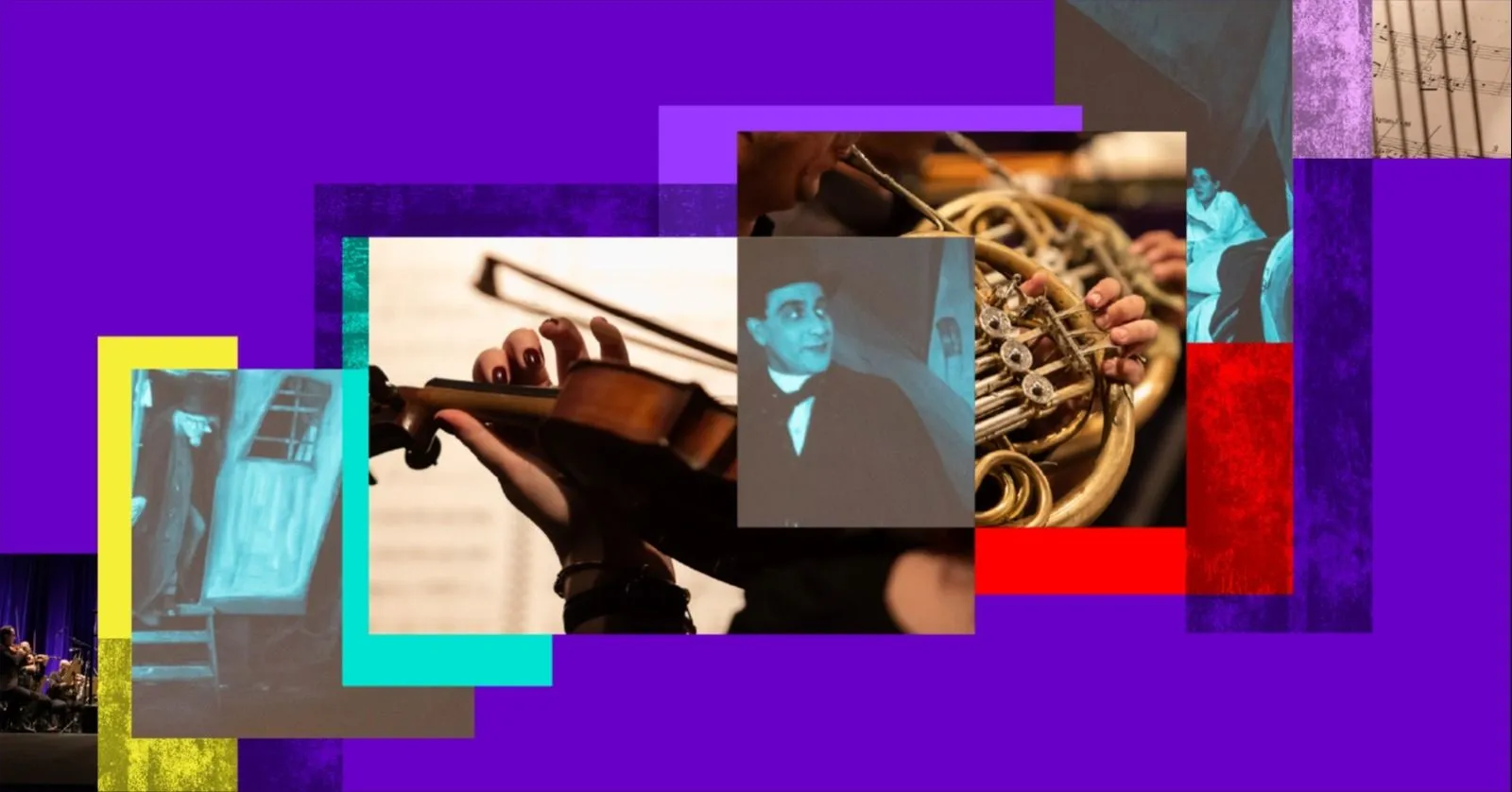 Colagem colorida remetendo a instrumentos musicais e Hitchcock