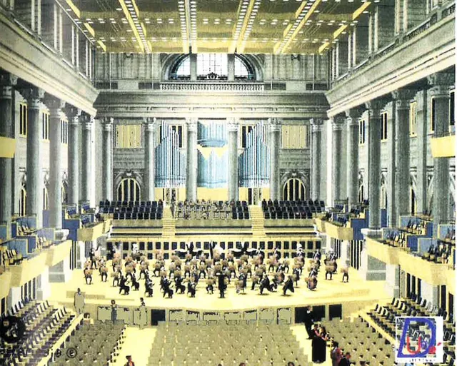 The drawing by Nelson Dupret is in shades of yellow, blue, and gray. It shows the design of the Concert Hall, with chairs, the orchestra on stage, and an organ.